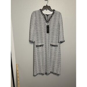Misook White Black Tweed Knit Chain & Fringe Shift Dress Women's Size Medium